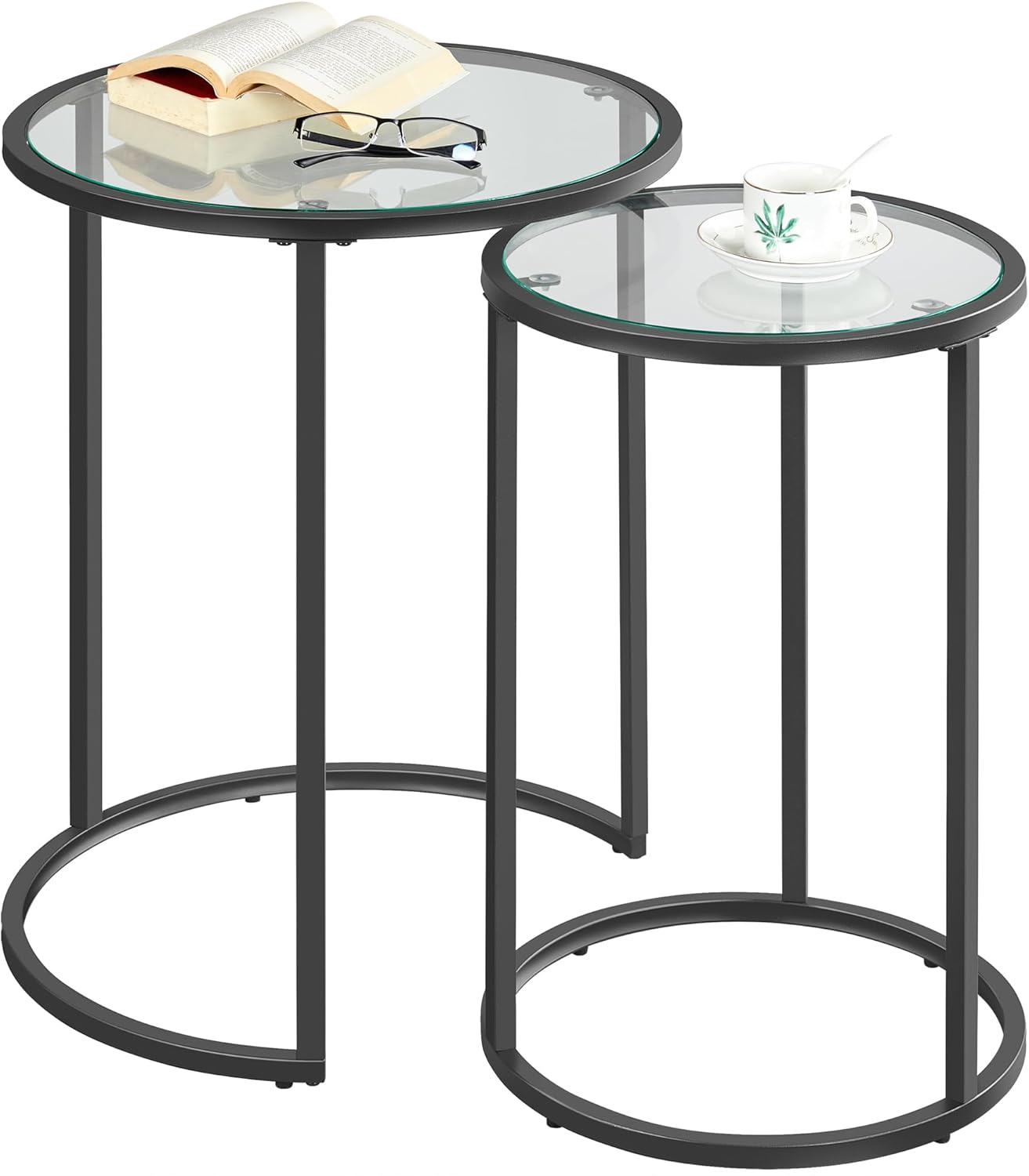 Yaheetech Round Nesting End Table Set of 2,Stacking Side Tables,Coffee Tables Set w/Metal Frame & Glass Top & Protective Foot Pads for Small Space, Living Room, Office- Black