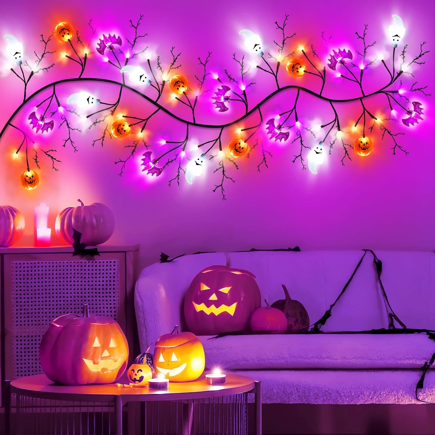 7 Ft 63 LED Halloween Willow Vine Twig Garland with 8 Modes Timer Orange Purple White Lights,7 Pumpkin Bat Ghost, Garland with Battery Operated for Wall Fireplace Halloween Decorations