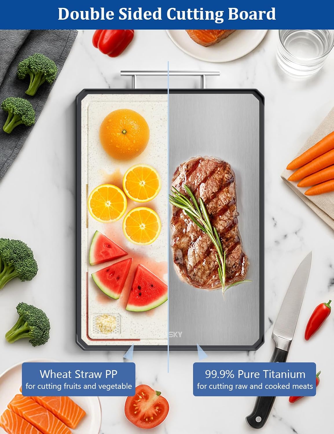 Titanium Cutting Boards for Kitchen, 2 in 1 Titanium Cutting Boards with JUICE GROOVE, Metal Chopping Board for Meat/Vegetables, Pure Titanium&Wheat Straw PP, Food-Grade, Dishwasher Safe16.3”×11”-1 PC