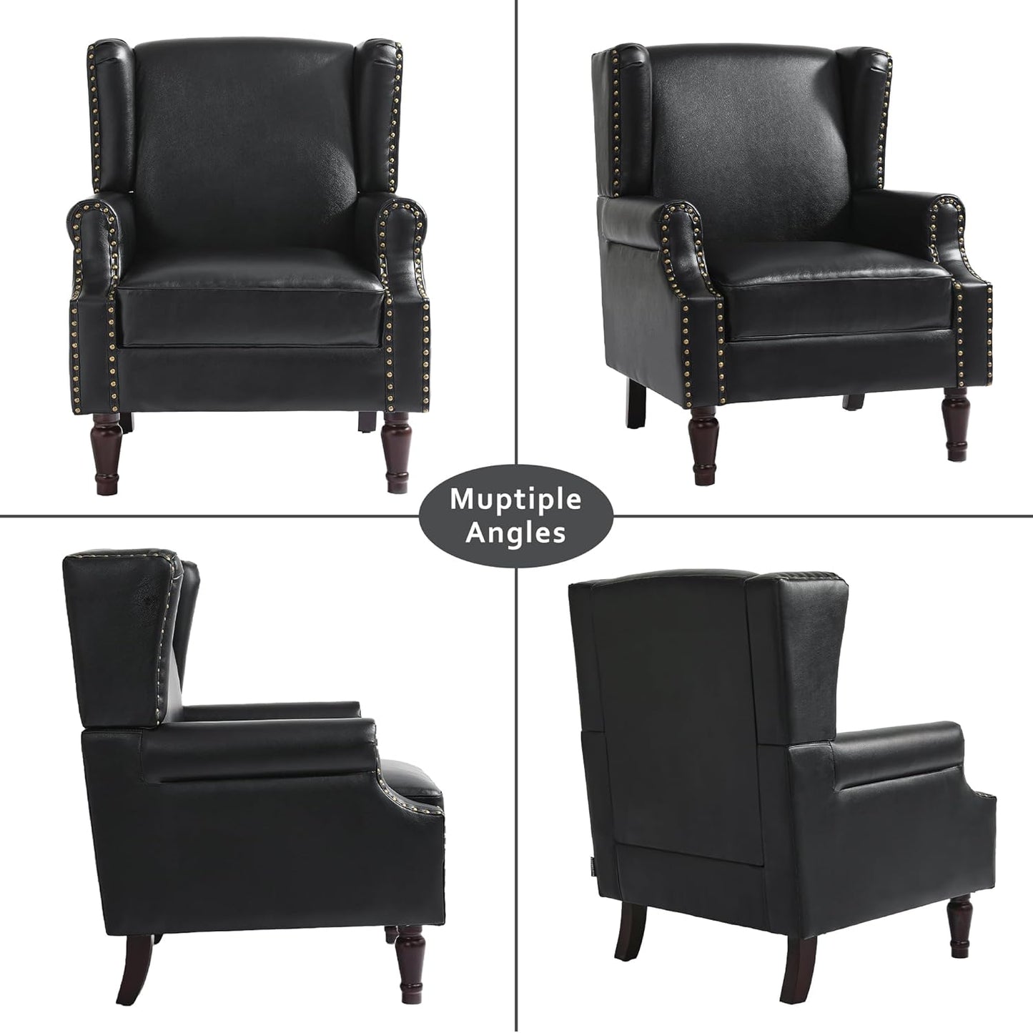 Accent Chairs, Faux Leather High Back Armchair Set of 2 or Living Room, Comfy Upholstered Single Sofa Reading Chairs with Solid Wood Legs for Office, Bedroom, Waiting Room-Black