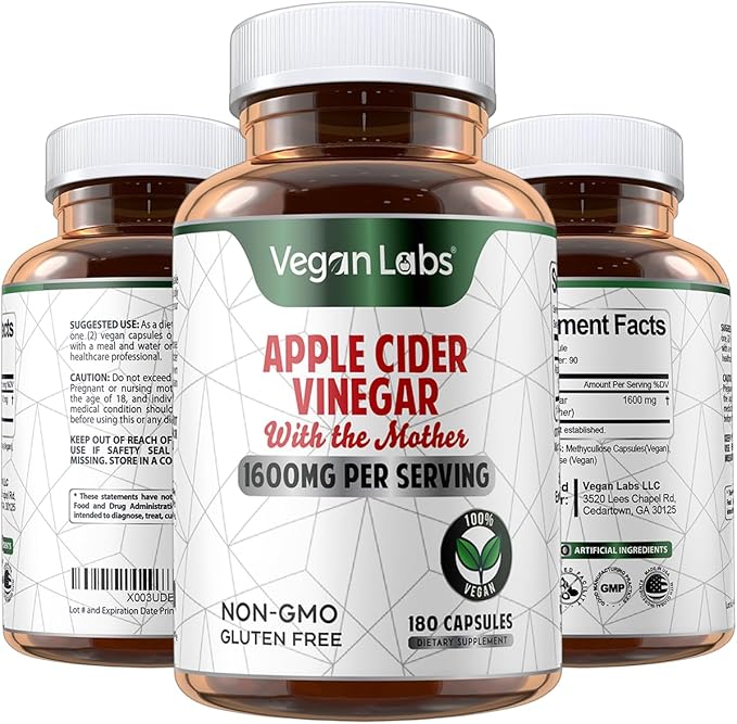 Vegan Labs Apple Cider Vinegar Capsules with The Mother- 180 Vegan Capsules, 1600MG Per Serving- 100% Natural ACV Pills- Supports Healthy Digestion, Keto, Weight Management, Detox, and Immune System