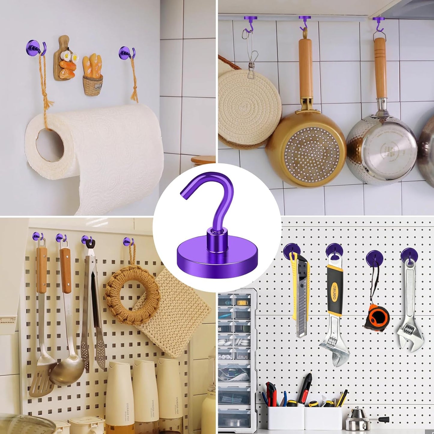 MIKEDE Strong Magnetic Hooks, 110Lbs Heavy Duty Magnetic Hooks for Cruise, Neodymium Earth Magnets with Hooks for Hanging, Super Metal Industrial Magnets for Grill, Storage (Purple,10 Pack)