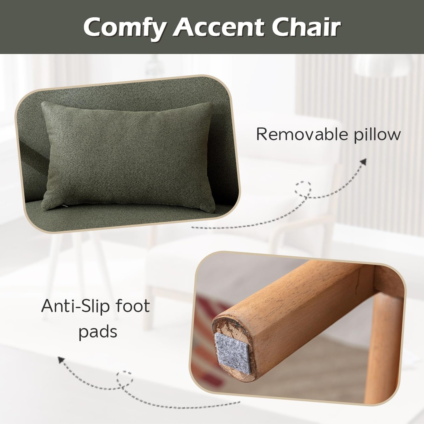 INZOY Mid Century Modern Accent Chair Set of 2, High Back Reading Armchair with Wood Frame, Upholstered Living Room Chairs with Waist Cushion, Single Lounge Arm Chair for Bedroom Sunroom, Green