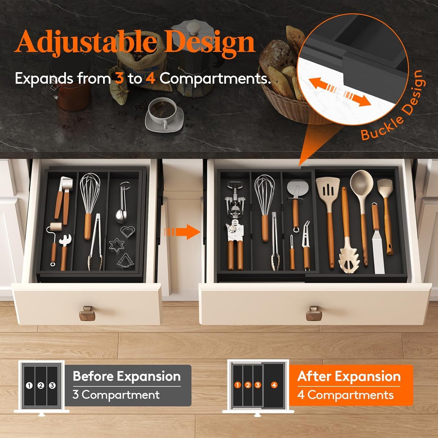 Lifewit Utensil Drawer Organizer, Expendable Cooking Silverware Tray for Kitchen Drawer, Bamboo Adjustable Cutlery Flatware Holder, Spatula Tools and Gadgets Storage Divider, 4 Compartments, Black