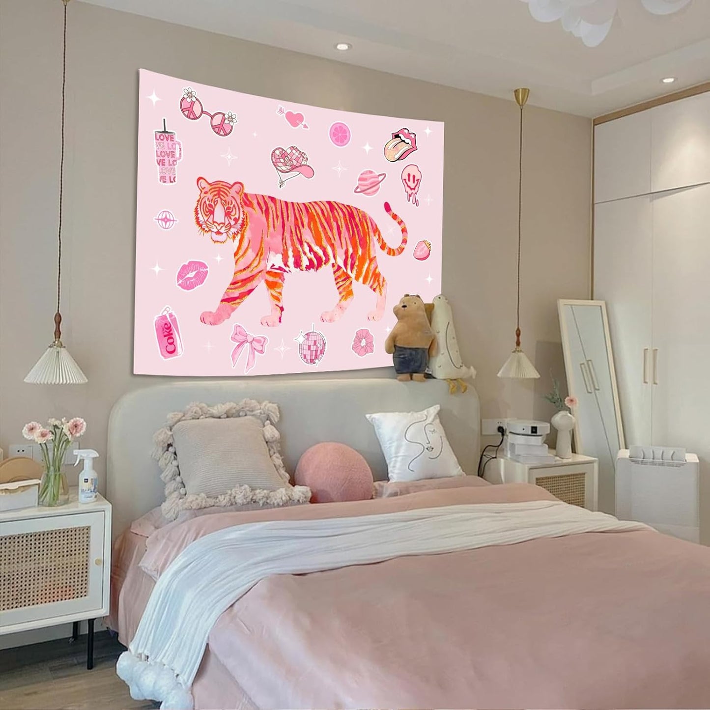 Lunerfex Y2K Tapestry Pink Tiger Wall Tapestry, Cute Tapestries for Bedroom Funny Tapestries Wall Hanging for Bedroom Living Room Decor Pink-3 44"x60"