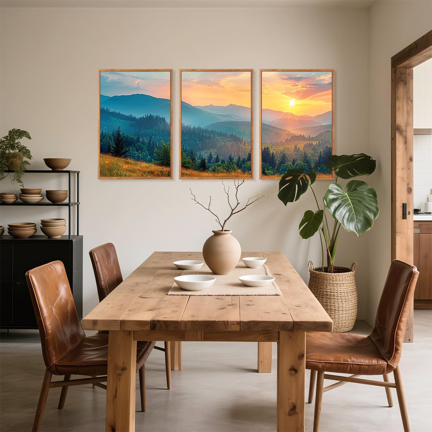 Aurlan Boho Mountain Sunset Landscape Framed Wall Art(16"x24"), 3PCS Green Blue Ridge Grand Teton National Park Canvas Artwork, Abstract Modern Watercolor Nature Forest Scenery Decor for Home Office Bedroom