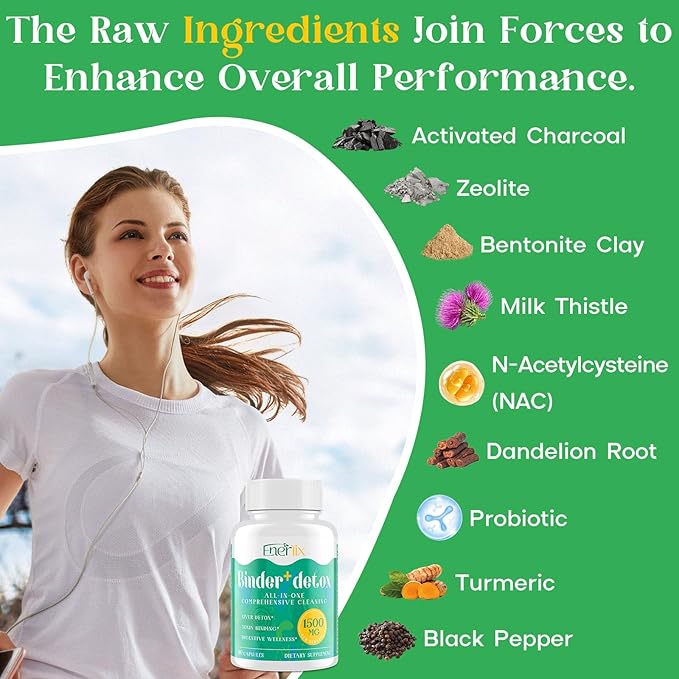15-in-1 Detox Binder, Activated Charcoal, Zeolite & Bentonite Clay, Chlorella, 1500 MG Supplement Maximum Absorbent, Liver Gut Digestive Toxin Detox Cleanse, 180 Vegan Capsules