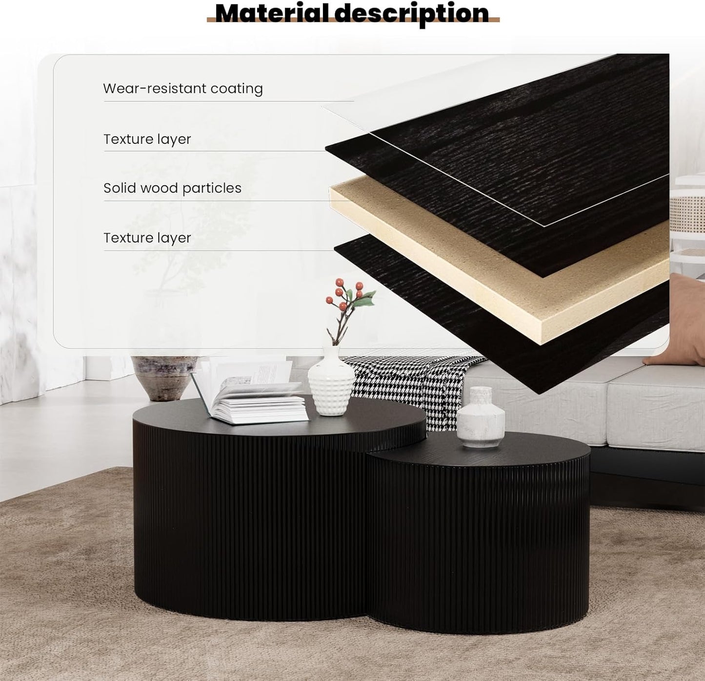 Round Nesting Coffee Table Set of 2 Handcraft Circle Fluted Nesting Coffee Tables Circular Side Table Drum Accent End Tables for Living Room Bedroom (Black Small)