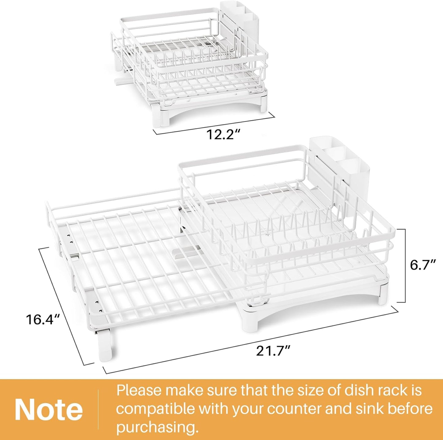 Dish Drying Rack - Extendable Dish Rack, Large Sink Drying Dish Drainer for Kitchen Counter, Stainless Steel Dish Strainer with Utensil Holder (White)