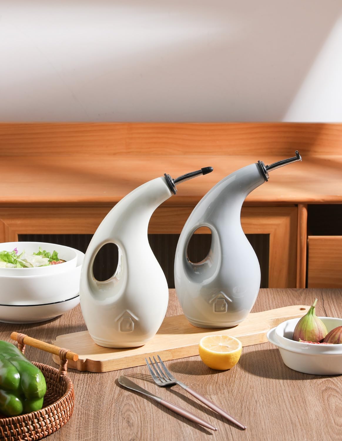 Sweejar Ceramic Olive Oil Dispenser Bottle,24 Oz Opaque Cruet Protects EVOO Oil to Reduce Oxidation, Suitable for Storage Vinegar, Coffee Syrups, Liquids (Gray)