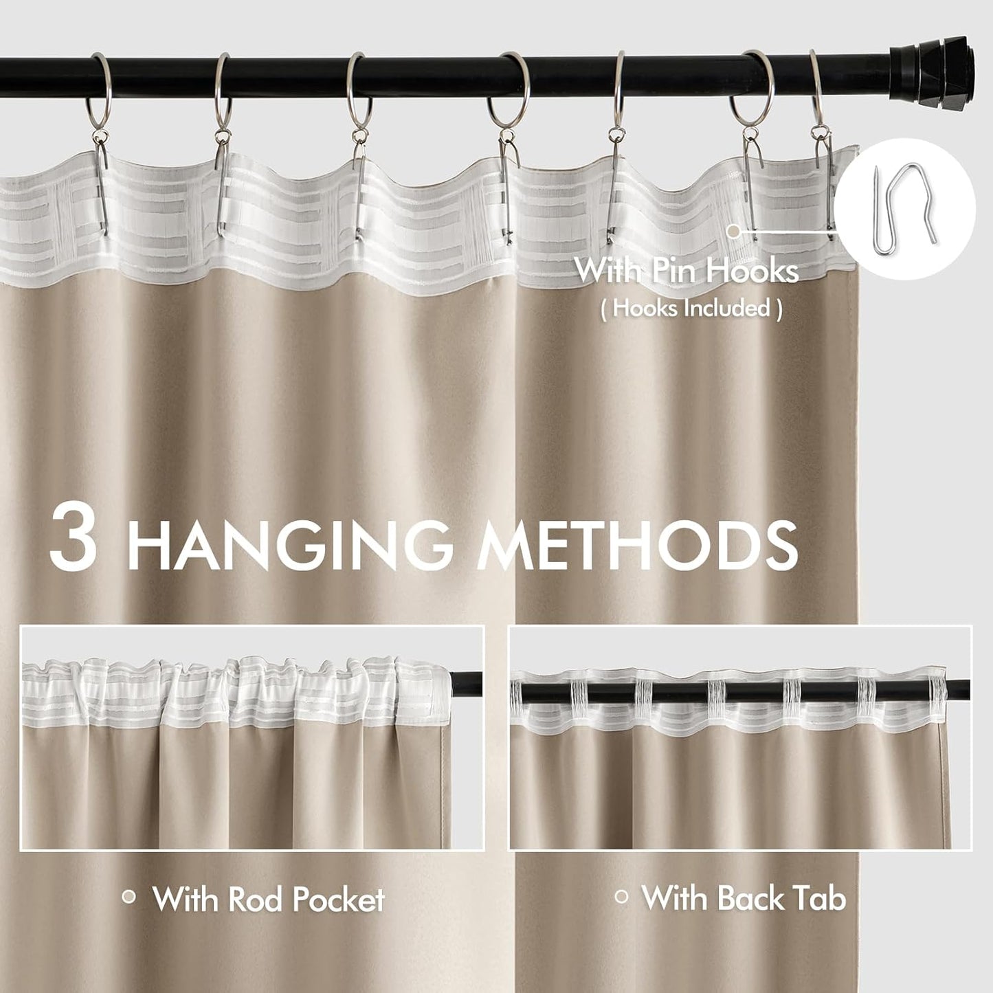 MIULEE Taupe Back Tab Blackout Curtains 84 Inch Length 2 Panels Set for Living Room Bedroom Privacy, Rod Pocket/Pinch Pleat Thermal Insulated Room Darkening Pleated Light Blocking Drapes