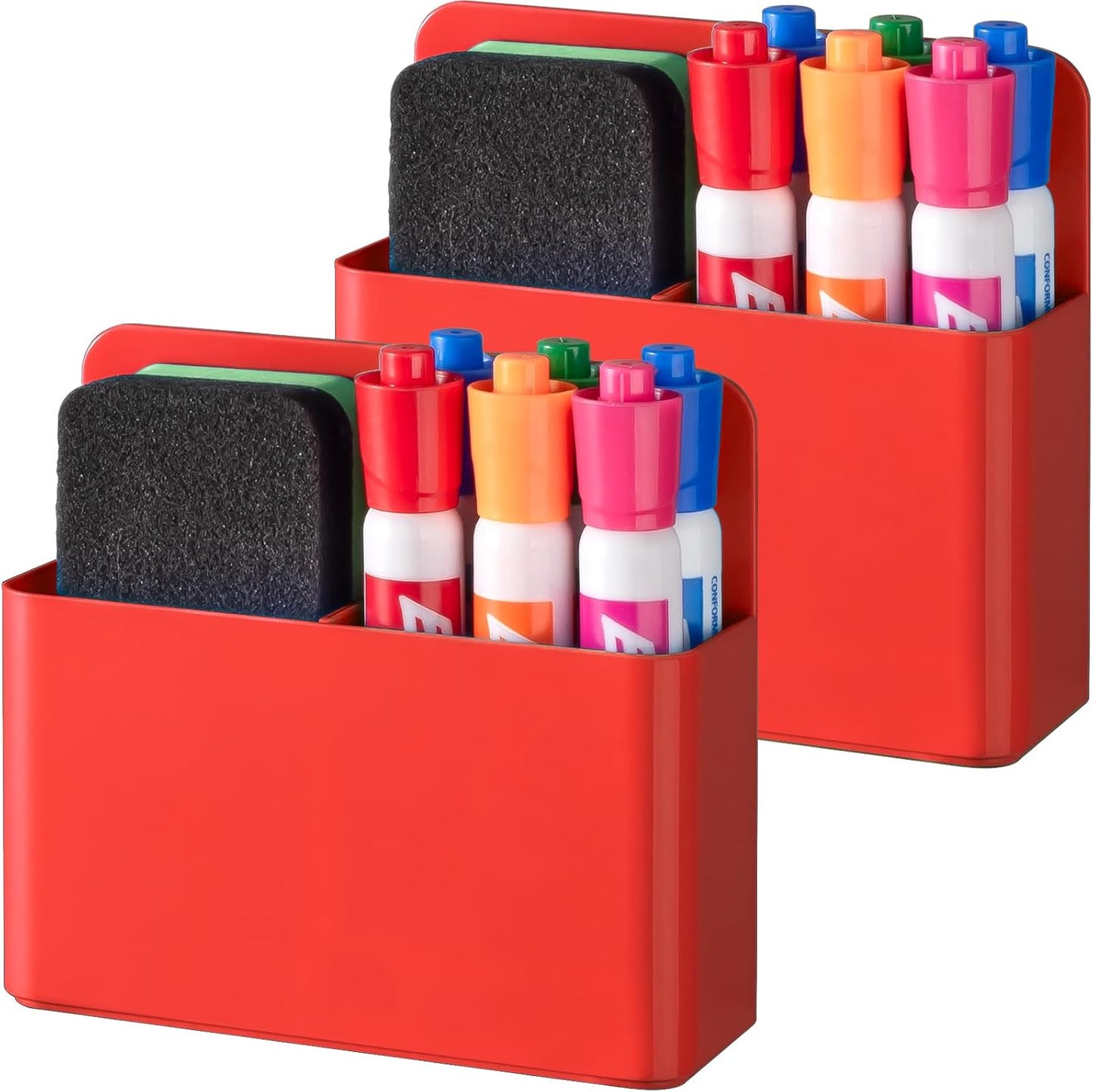 BEYGORM 2 Pack Plastics Magnetic Pen Holder for Refrigerator, Dry Erase Marker Holder for Whiteboard,Magnet School Locker Organizer Accessories, Pencil Cup, Pen Caddy, Classroom Organization(Red)