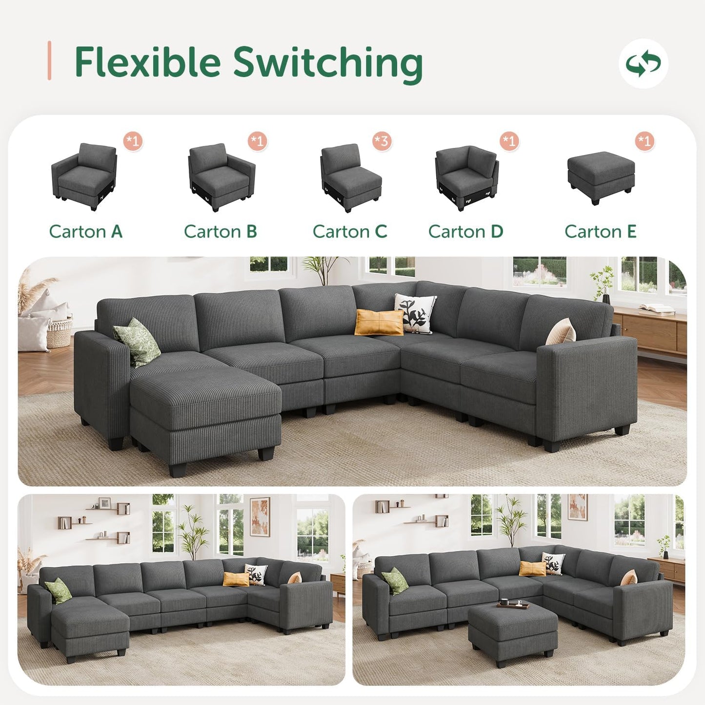 HONBAY Corduroy Sectional Sofa with Storage, U Shape Modular Sectional Sofa with Chaise, Modular Couches for Living Room, Dark Gray