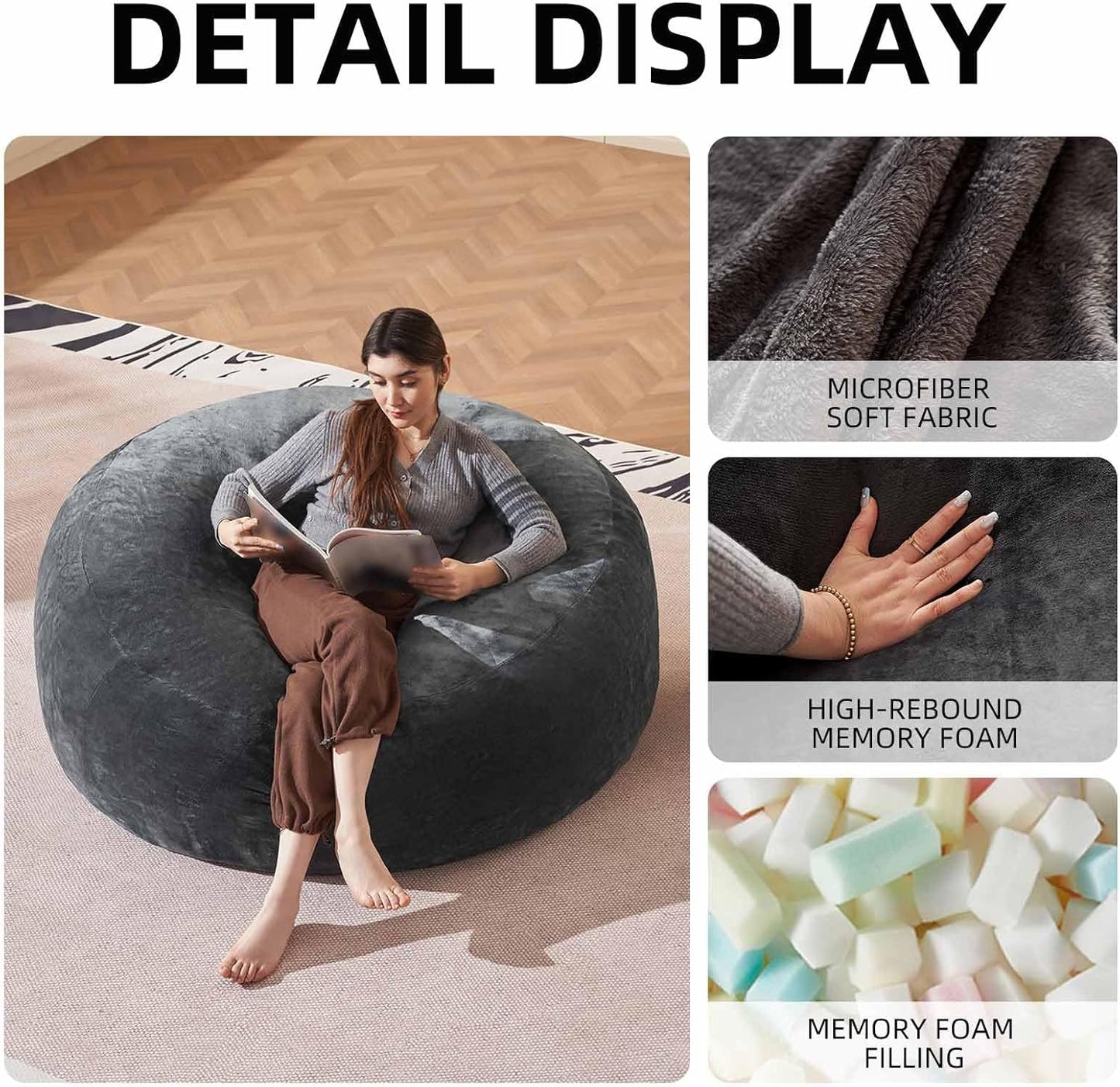 Bean Bag Chair 4Ft, Memory Foam Filled, Large Beanbag Chairs for Adults and Teens, Soft Sofa with Removable Flannel Cover, Round Couch for Living Room Bedroom College Dorm (Dark Gray, 4FT-47×47"×24")