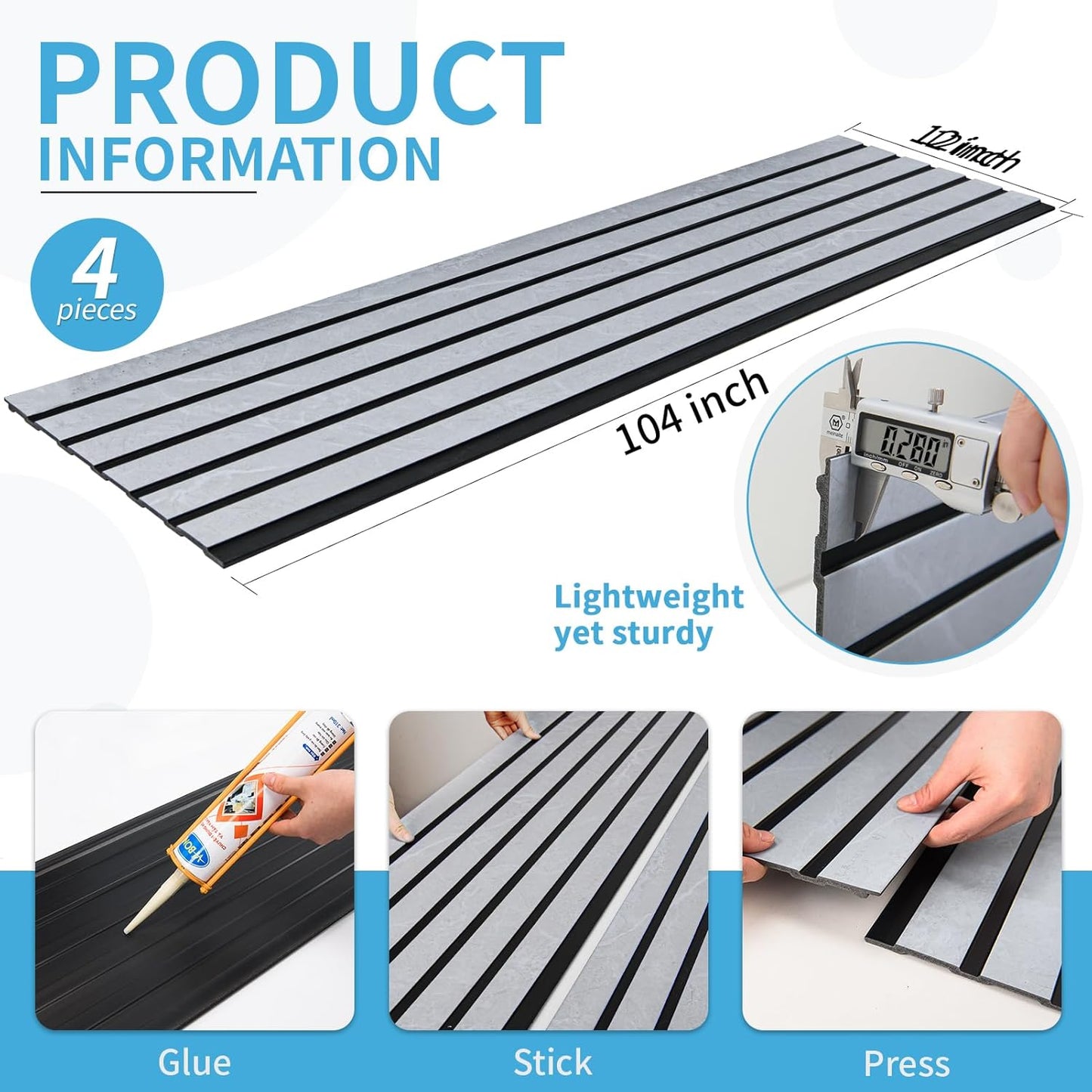 Art3d 4-Pack Glue-On Six-Grid Wainscoting Panel for Interior Wall Decor - 104 x 12 Inch Polystyrene Ultralight Slim Slat Wall Panels for Living Room Bedroom, Slate