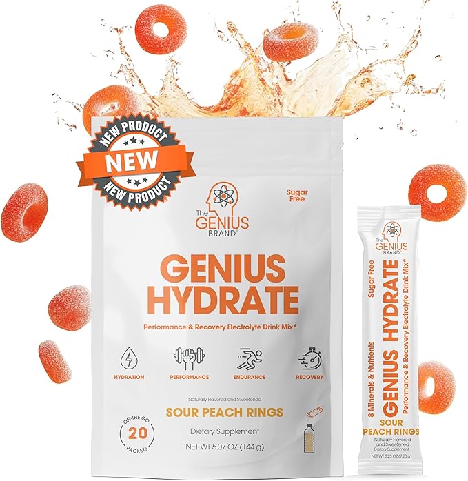 Genius Hydrate Stick Pack Powder Drink Mix - Sour Peach Rings Flavor, Natural Electrolyte Booster with Coconut Water & Potassium for Ultimate Hydration -20 Packets