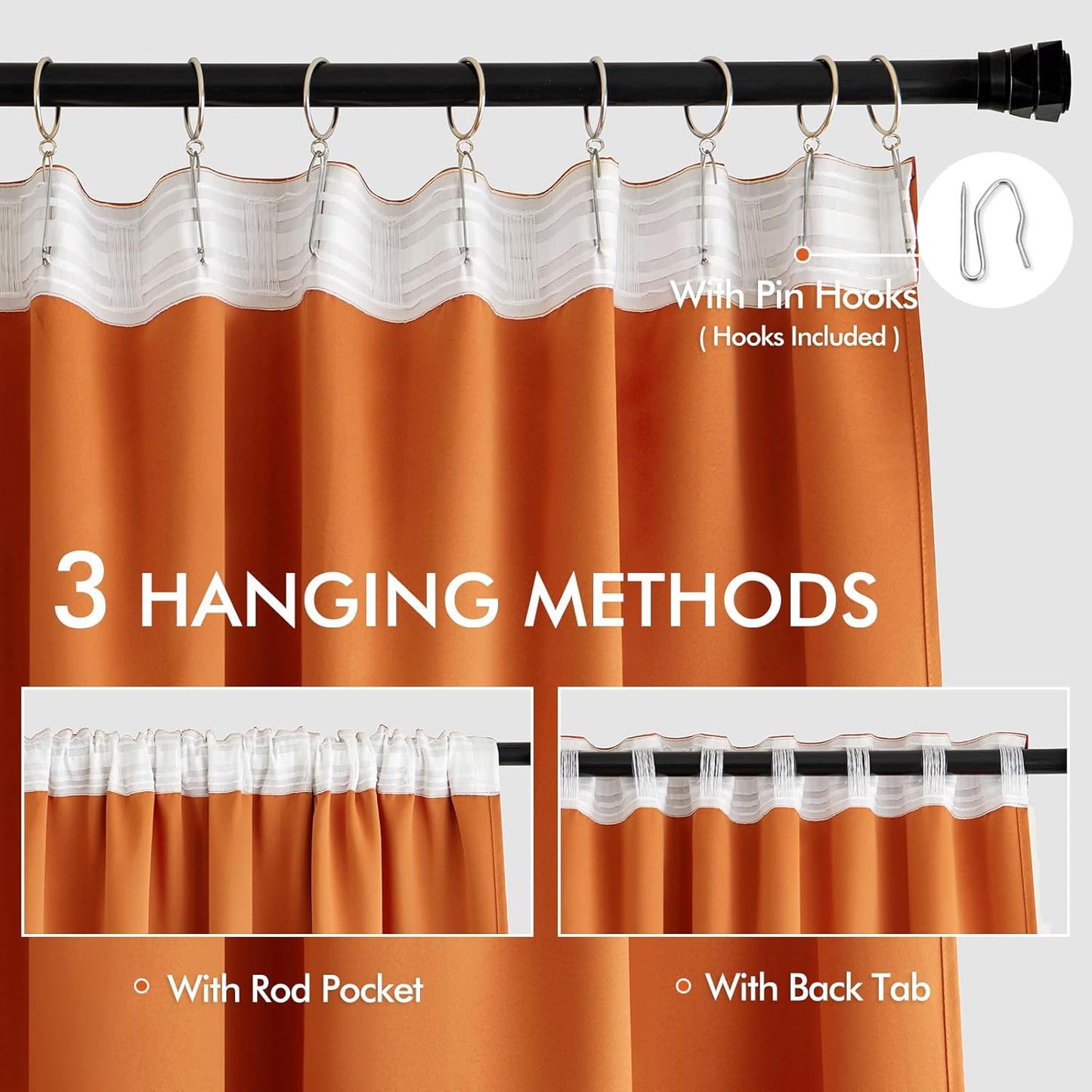 MIULEE Orange Back Tab Blackout Curtains 96 Inch Long 2 Panels Set for Living Room Bedroom, Rod Pocket/Pinch Pleated Long Fall Thermal Insulated Room Darkening Light Blocking Floor to Ceiling Drapes