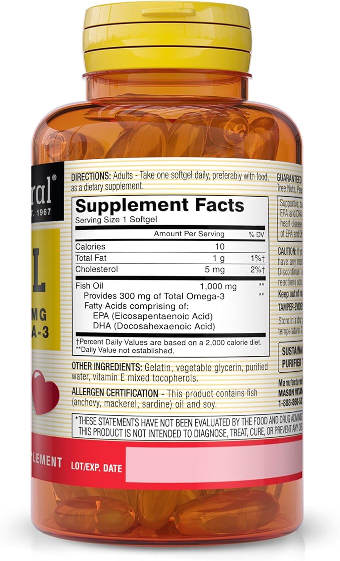 MASON NATURAL Fish Oil 1,000 mg 300 mg Omega-3, Healthy 60 Softgels 3)