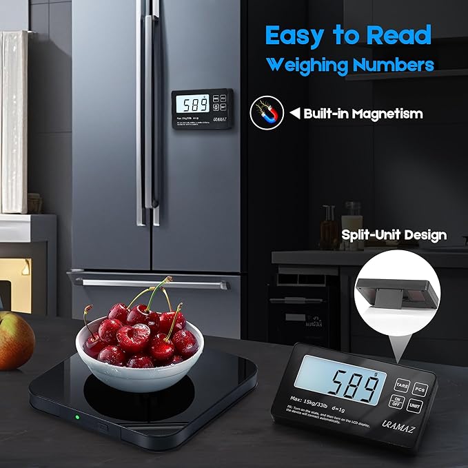 Food Scale with Split LCD Display, 33Lb Stainless Steel Kitchen Scales Digital Weight Grams and Ounces for Cooking, Baking, Sourdough Bread, Food Scales for Kitchen, Weight Loss, Meal Prep, 1g/0.1oz
