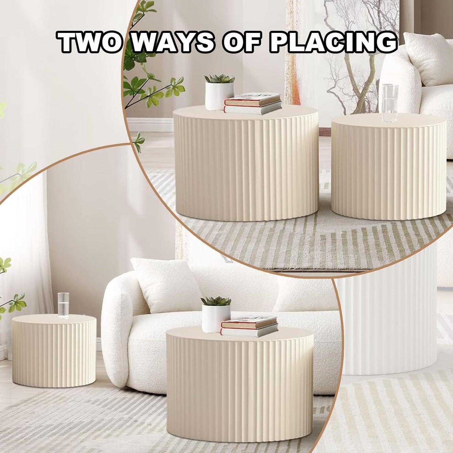Round Nesting Coffee Table Set of 2, Modern Coffee and End Table Set Small Circle Wooden Drum Side Table Accent End Tables for Living Room Office, No Assembly,Cream Large