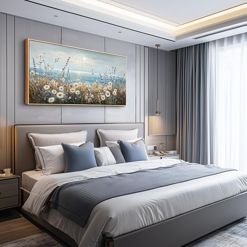 PHAOHUAXM Wall Decor For Living Room Wall Art For Bedroom Office Decorations Blue Ocean Paintings Flowers Watercolour Wall Pictures Canvas Artworks Home Decor Ready To Hang Wood Framed 20x40 In