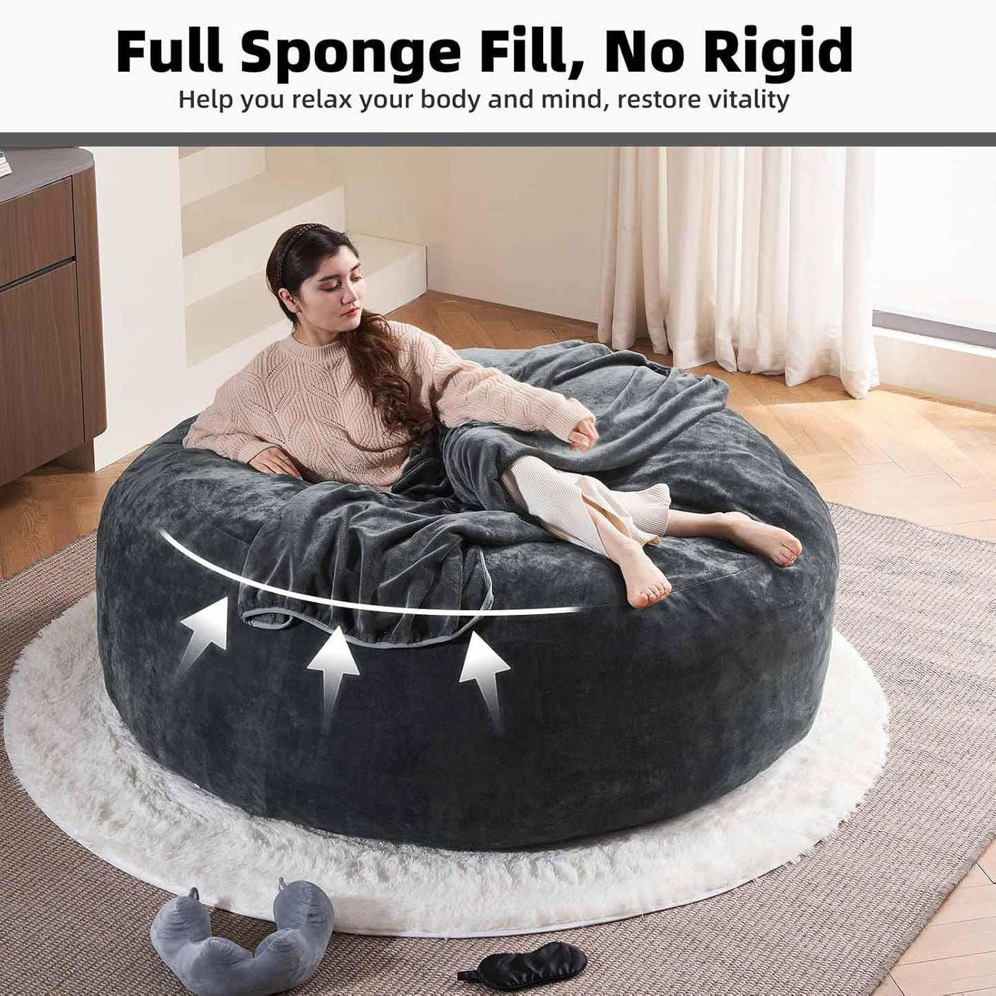 6FT,Oversized Bean Bag Chairs for Adults,Giant beanbag with Filler Included,Fluffy Memory Foam,Soft and Comfy Corduroy Fabric,Gaming Chairs Suitable for Living Room and Bedroom (Dark Gray, 6 Foot)