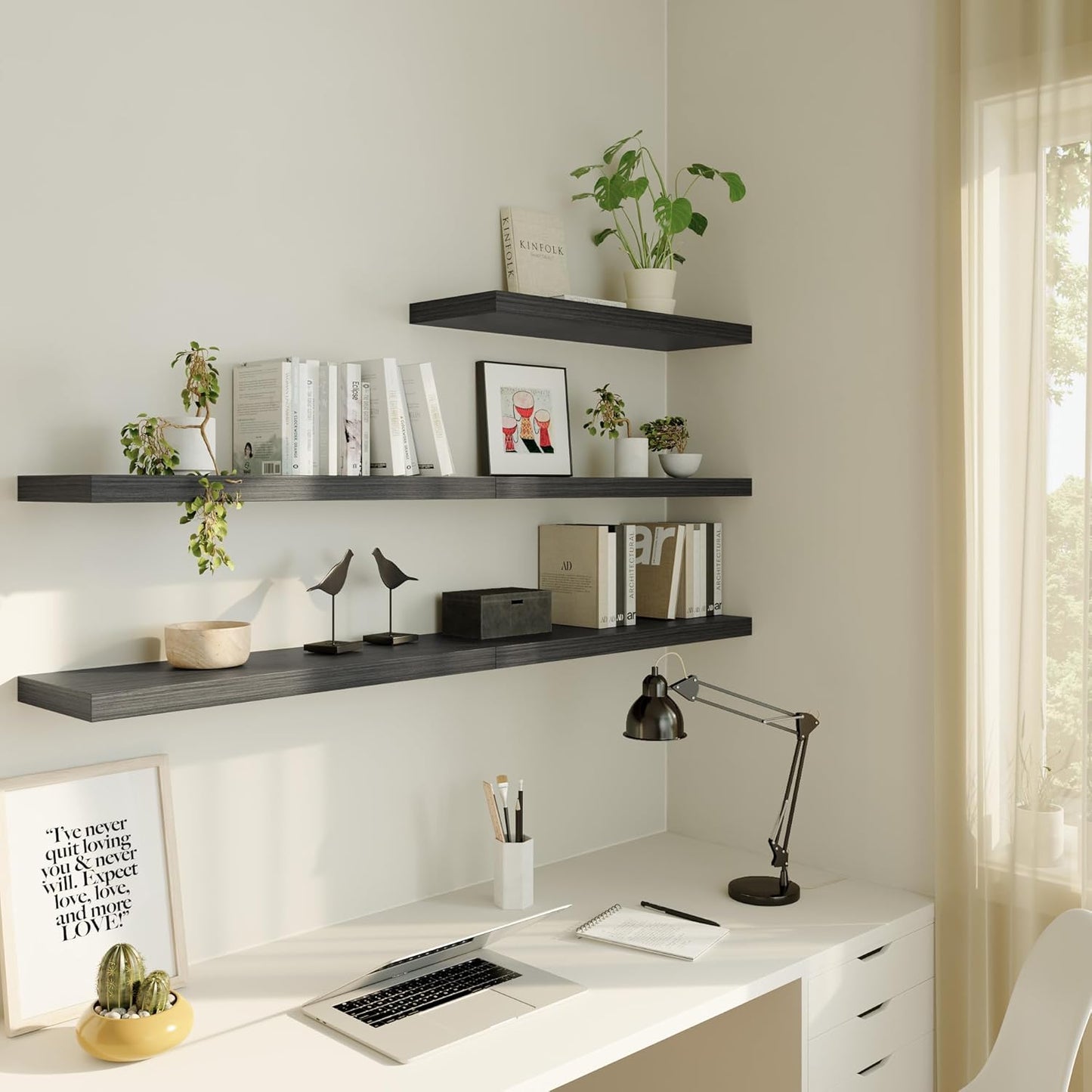 Large Floating Shelves for Wall Set of 3 Wooden Wall Shelves 30 in x 12.75 in x 2 in Room Decor Long Shelf with Invisible Wall Mount Bracket for Bedroom Kitchen Living Room Black Wood