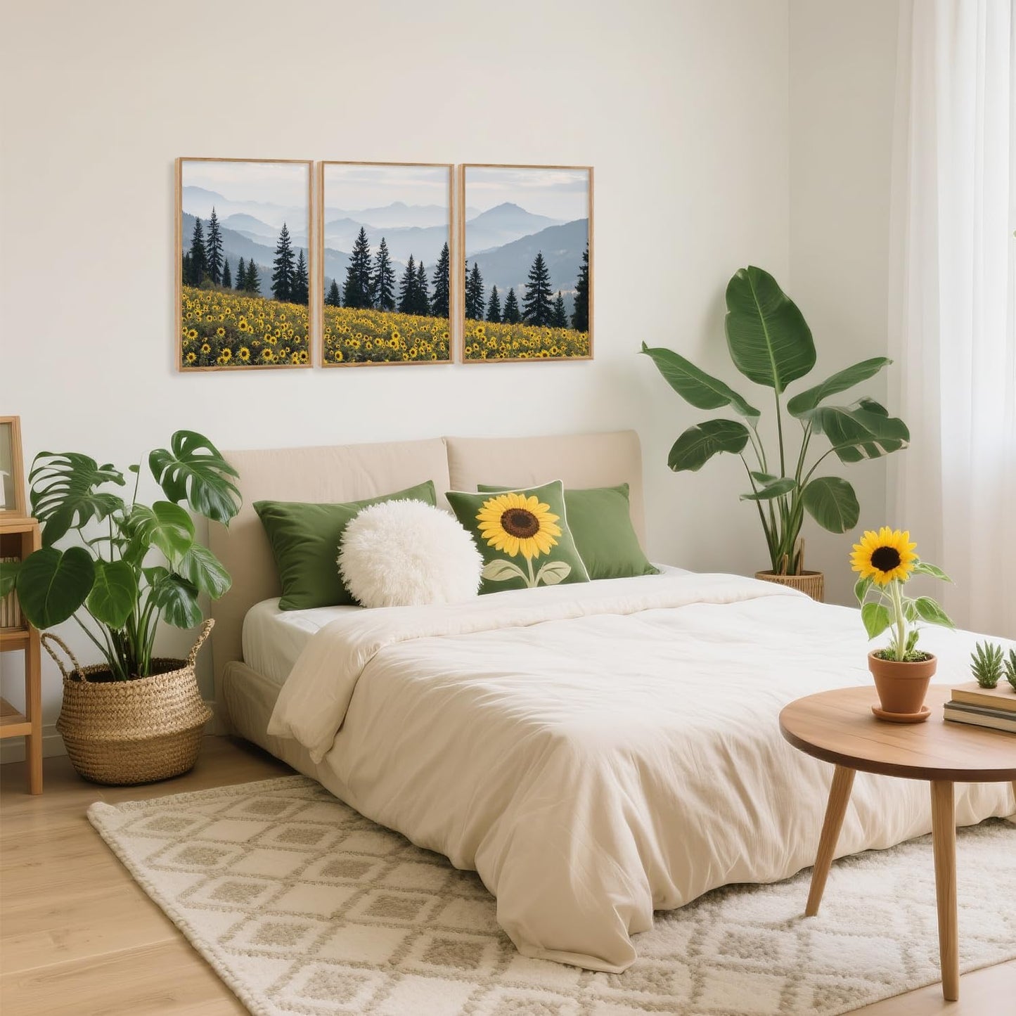 HPINUB Boho Sunflowers Landscape Framed Canvas Wall Art Set,Nature Pine Tree Wall Decor,Abstract Flowers Artwork Rustic Mountain Misty Forest Art Print for Living Room,Bedroom,Office-16 x24 x3