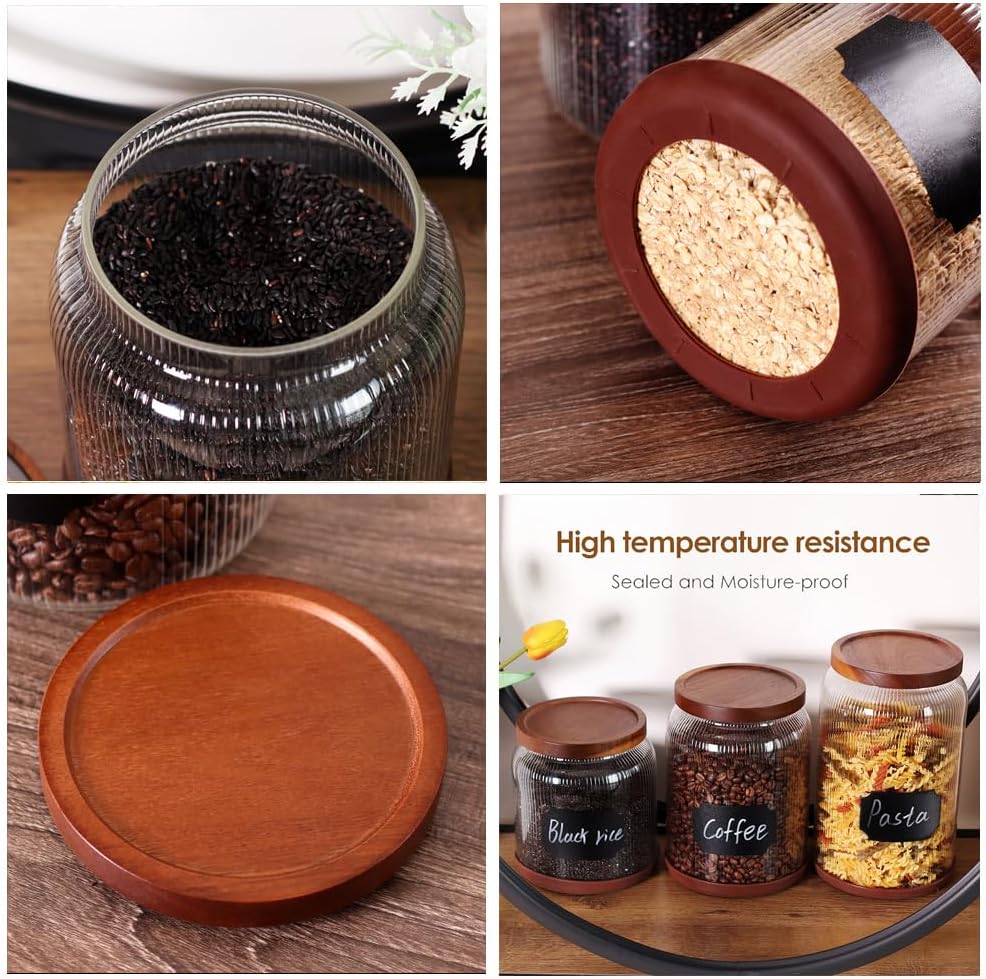 SAIOOL 2-Pack Striped Borosilicate Glass Airtight Canisters - Big mouth Large Capacity, Acacia Wood Lid, Food Storage Jars for Flour, Pasta, Pantry Organization (1/2 Gallon (Striped 2 pack))