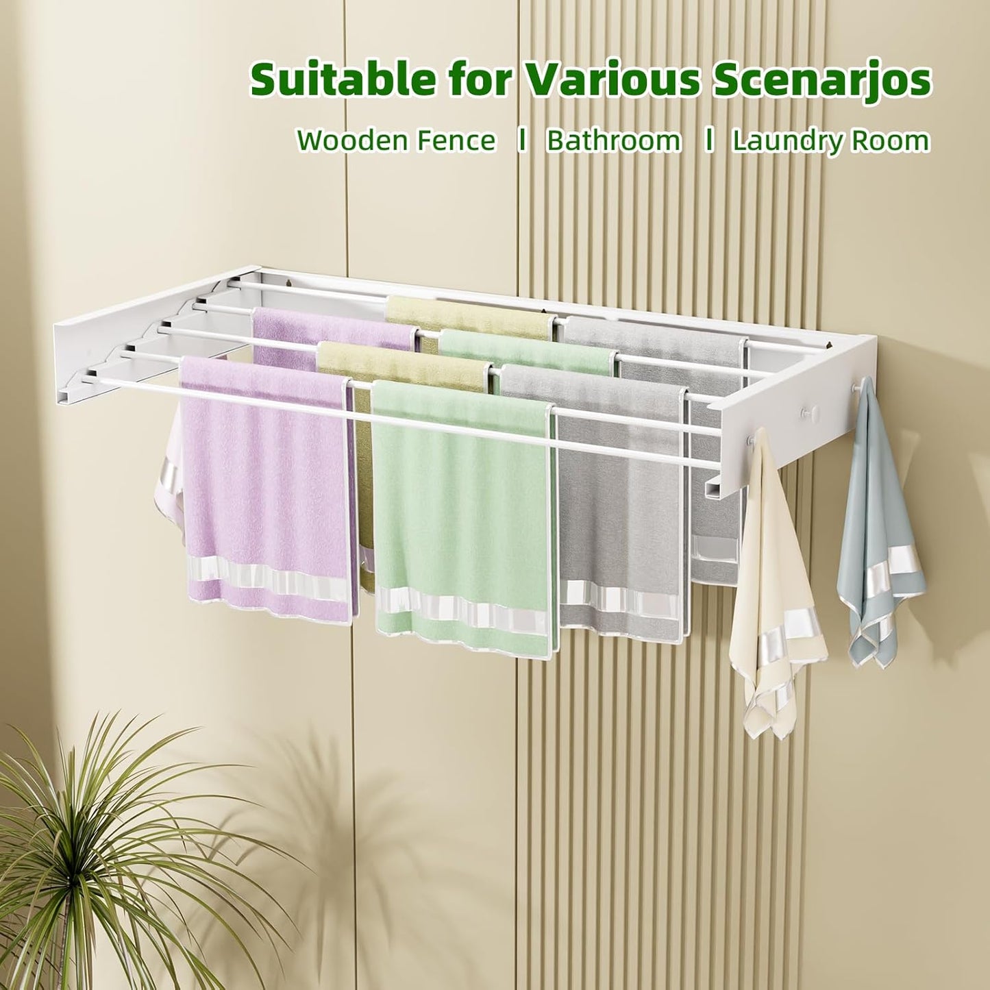 Wall Mounted Drying Rack for Laundry 31.5'', Folding Drying Rack Clothing Wall Mount with 5 Rods and 6 Hooks, Space Saving for Indoor Outdoor Bathroom Balcony (White, 31.5'')