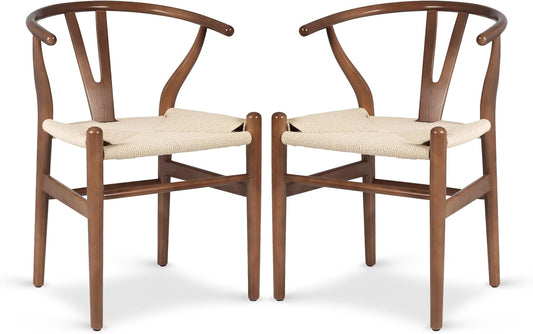 POLY & BARK Weave Dining Chairs – Mid-Century Modern Wishbone Dining Chairs with Arms, Solid Wood Frame, Indoor Use – Walnut– Set of 2 - Ideal for Dining Room, Kitchen or Stylish Accent Setting