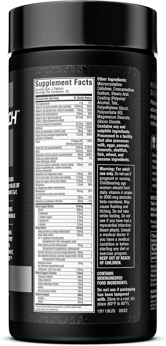 MuscleTech Platinum Multivitamin for Immune Support 18 Vitamins B6 B12 B12 Daily 90 Ct