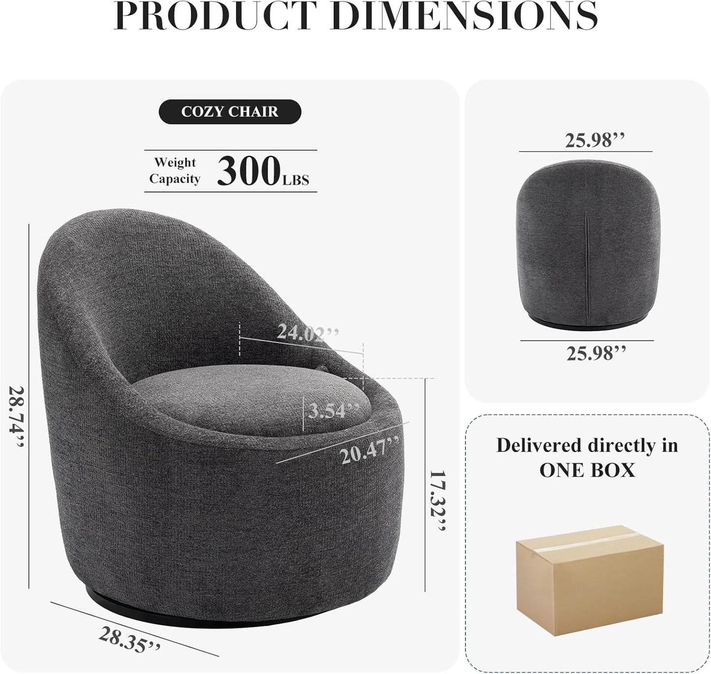 COLAMY Swivel Accent Chair, 360° Swivel Chair with Hidden Storage, Modern Small Barrel Swivel Armchair for Living Room/Bedroom, Darkgrey