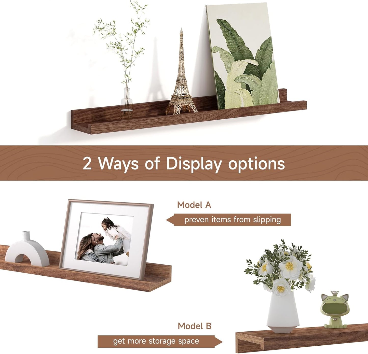 Picture Ledge Shelf for Wall, Floating Shelves Set of 4, 24 Inch Long Nursery Book Shelves for Toys Storage, Kids Bookshelf Wall Mounted for Books Photo Frames, Walnut