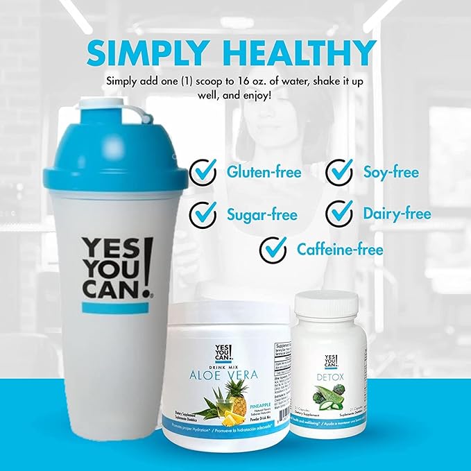 Yes You Can! Detox Kit- Includes Detox YYC! 1 Capsules Bottle, 1 Aloe Vera Drink Mix, & 1 Water Bottle, Body Cleanse Kit, Daily Cleanse and Proper Hydration with Vitamins - (Peach Lemonade)