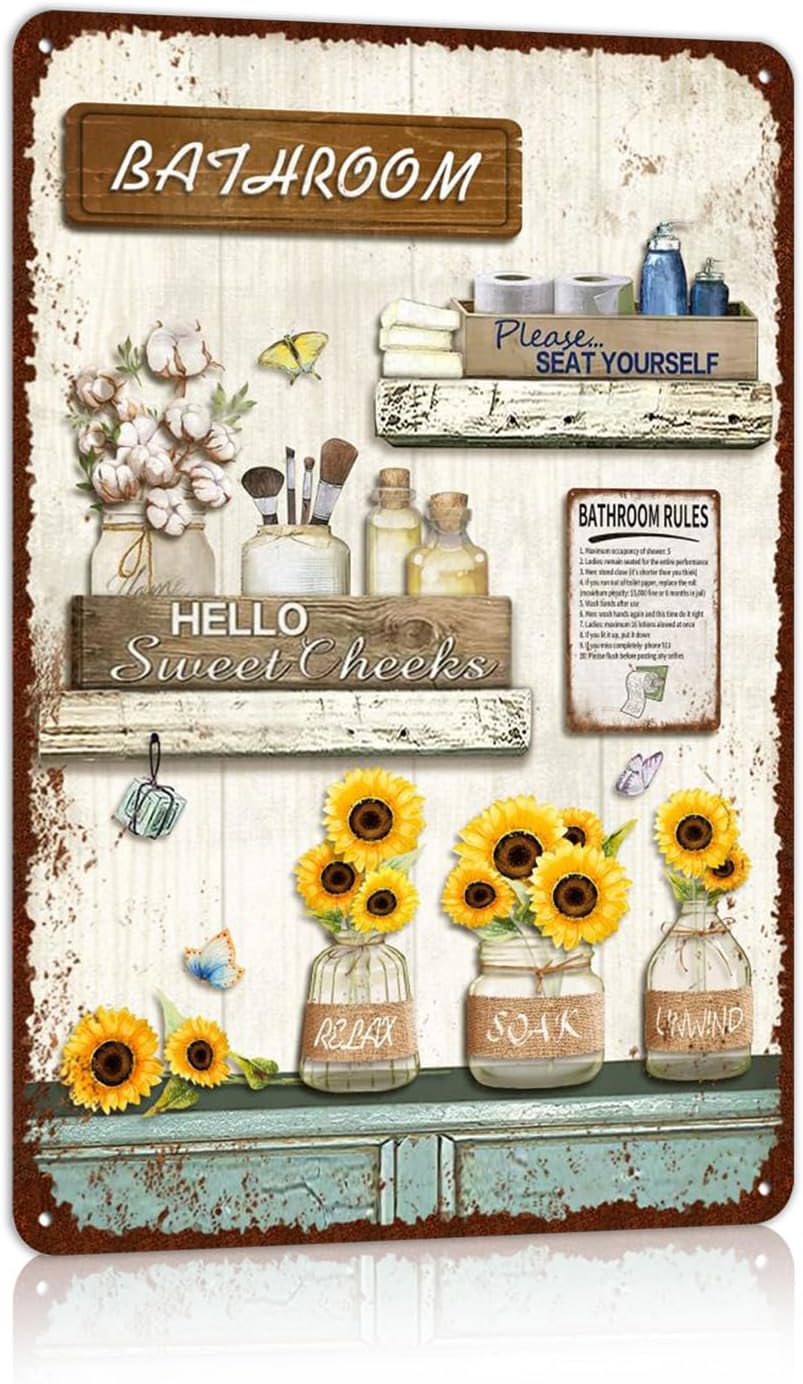 Vintage Farmhouse Bathroom Metal Tin Signs Rustic Flower Country Wall Art Decor 8X12 Inches