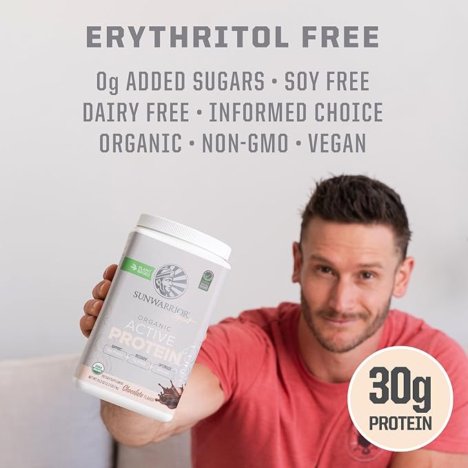 Vegan Protein Powder Plant-Based USDA Organic BCAAs | 30g Protein per Serving | Sugar Free, Gluten Free Non-GMO Dairy Free | Chocolate Flavored, 20 Servings | Active Sport Protein Powder
