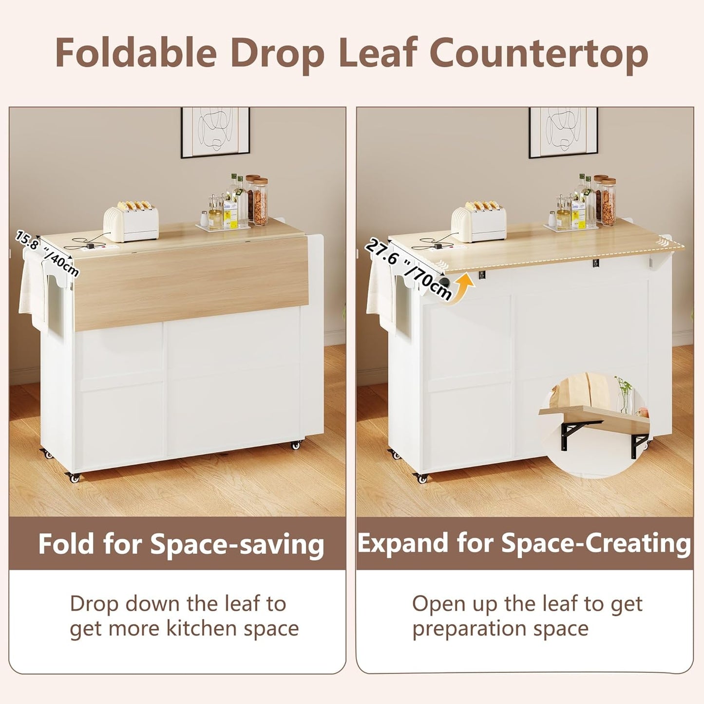 Kitchen Island with Drop Leaf & Power Outlet, Rolling Kitchen Island on Wheels with Trash Can Storage, Island Table Bar Cart with Spice Rack, Towel Rack, Drawers, Mobile Kitchen Carts on Wheels