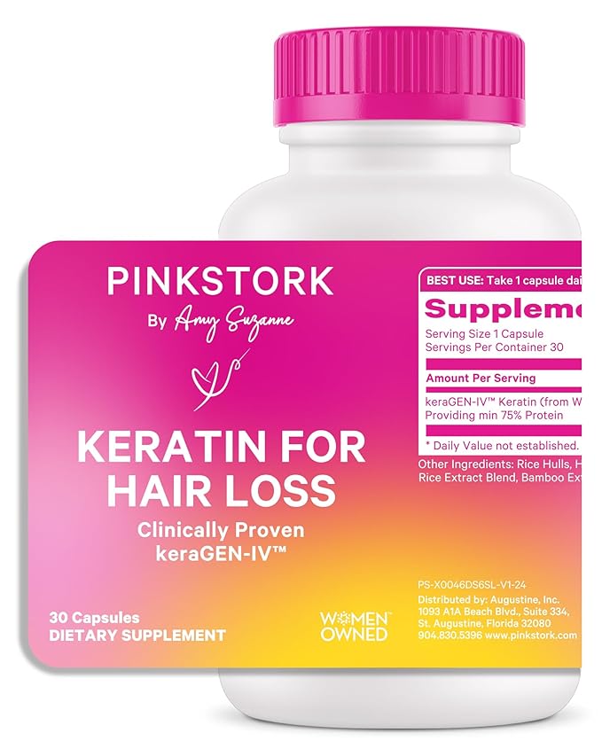 Pink Stork Keratin Hair Loss Supplement for Women - Clinically Studied KeraGEN-IV for Hair Care, Thinning, Shedding and Beauty - Hair Skin and Nails Support - Postpartum Hair Growth - 30 Capsules