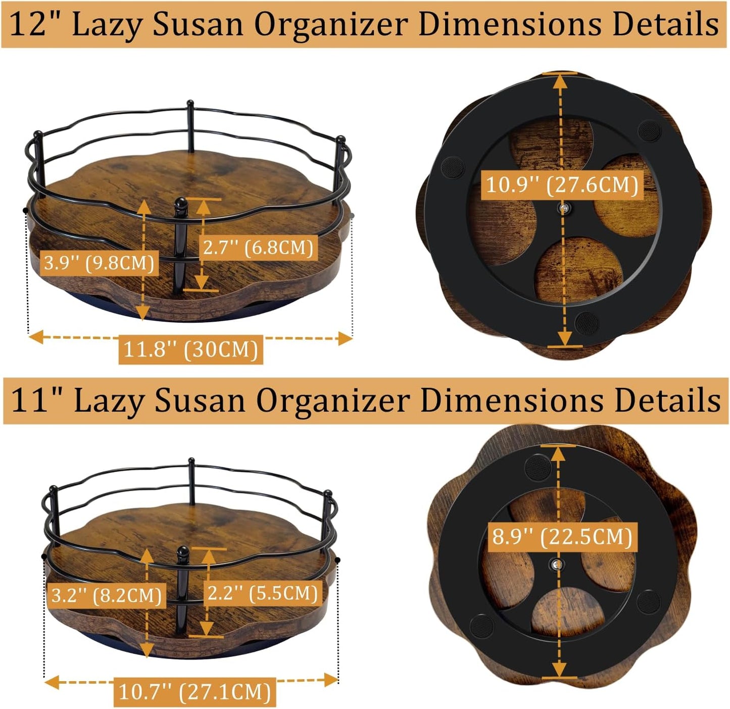 2 Pack, 11" & 12" Wooden Lazy Susan Turntable with Higher Metal Sides, 360ยฐ Rotating Lazy Susan Organization and Storage for Cabinet, Table Top, Kitchen, Countertop, Dining Table, Pantry, Coffee Bar