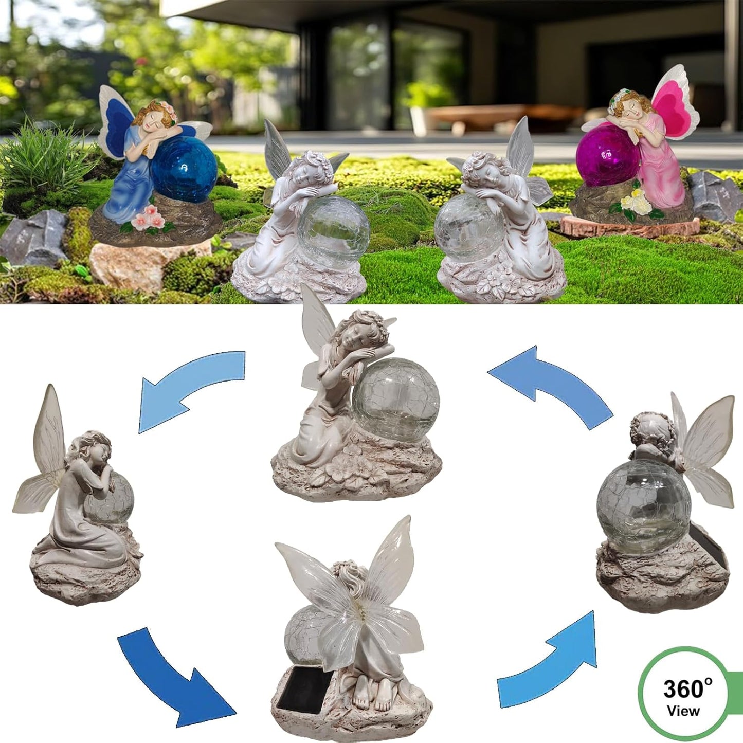 Fairy Garden Statue ,Solar Garden Decor ,Fairy Statue Outdoor with Glass Ball ,Waterproof Outdoor Decor,Suitable for Yard, Lawn ,Ideal for Holiday Giving (Left)