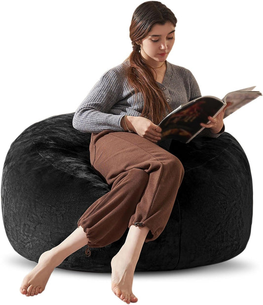 Bean Bag Chair 3Ft, Memory Foam Filled, Large Beanbag Chairs for Adults and Teens, Soft Sofa with Removable Flannel Cover, Round Couch for Living Room Bedroom College Dorm (Black, 3FT-36×36"×24")