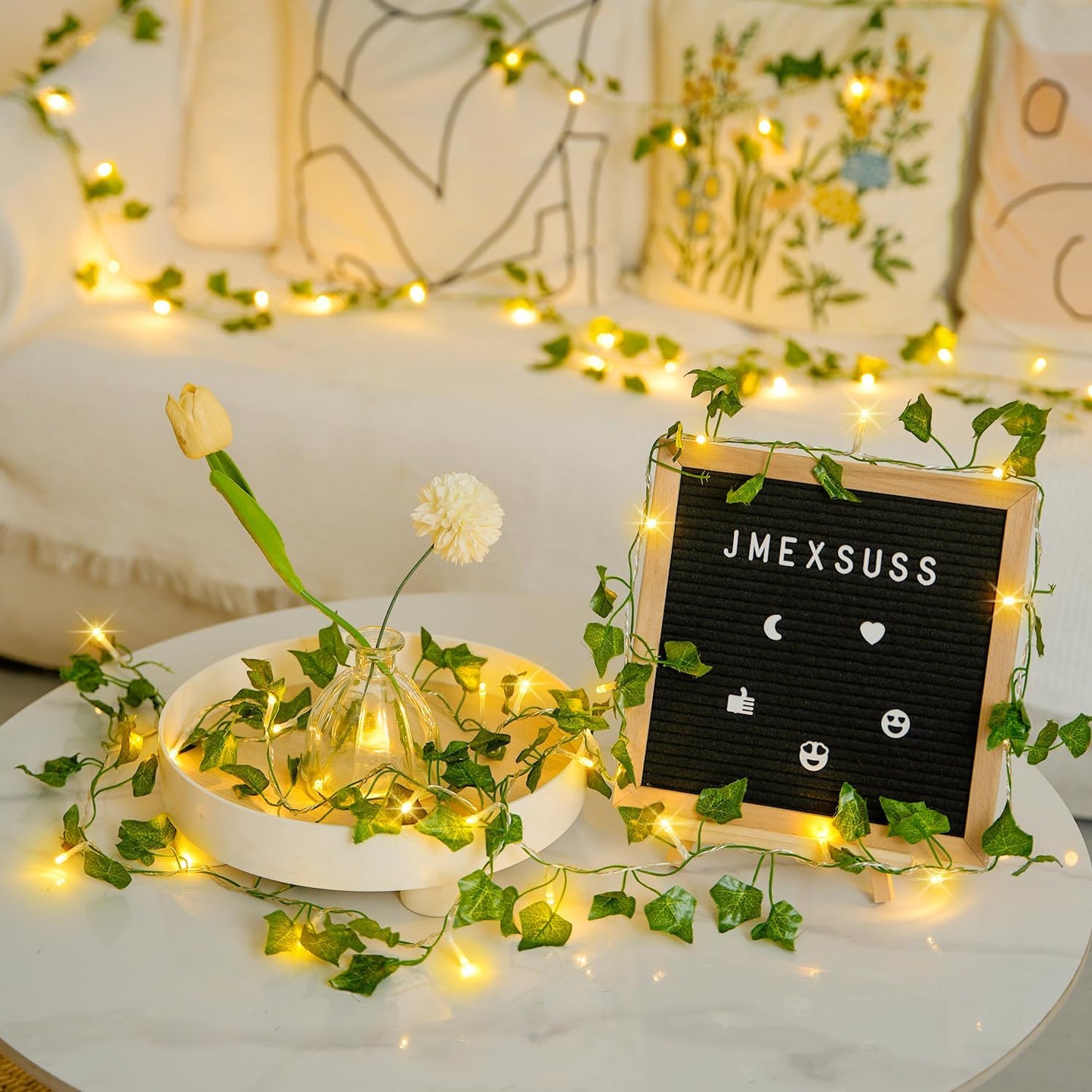 JMEXSUSS 100 LED Vines with Lights Plug in, Ivy Vines with Fairy Lights with Remote, 33 FT Leaf String Lights Waterproof for Room Bedroom Wall Fireplace Decoration(Warm White)