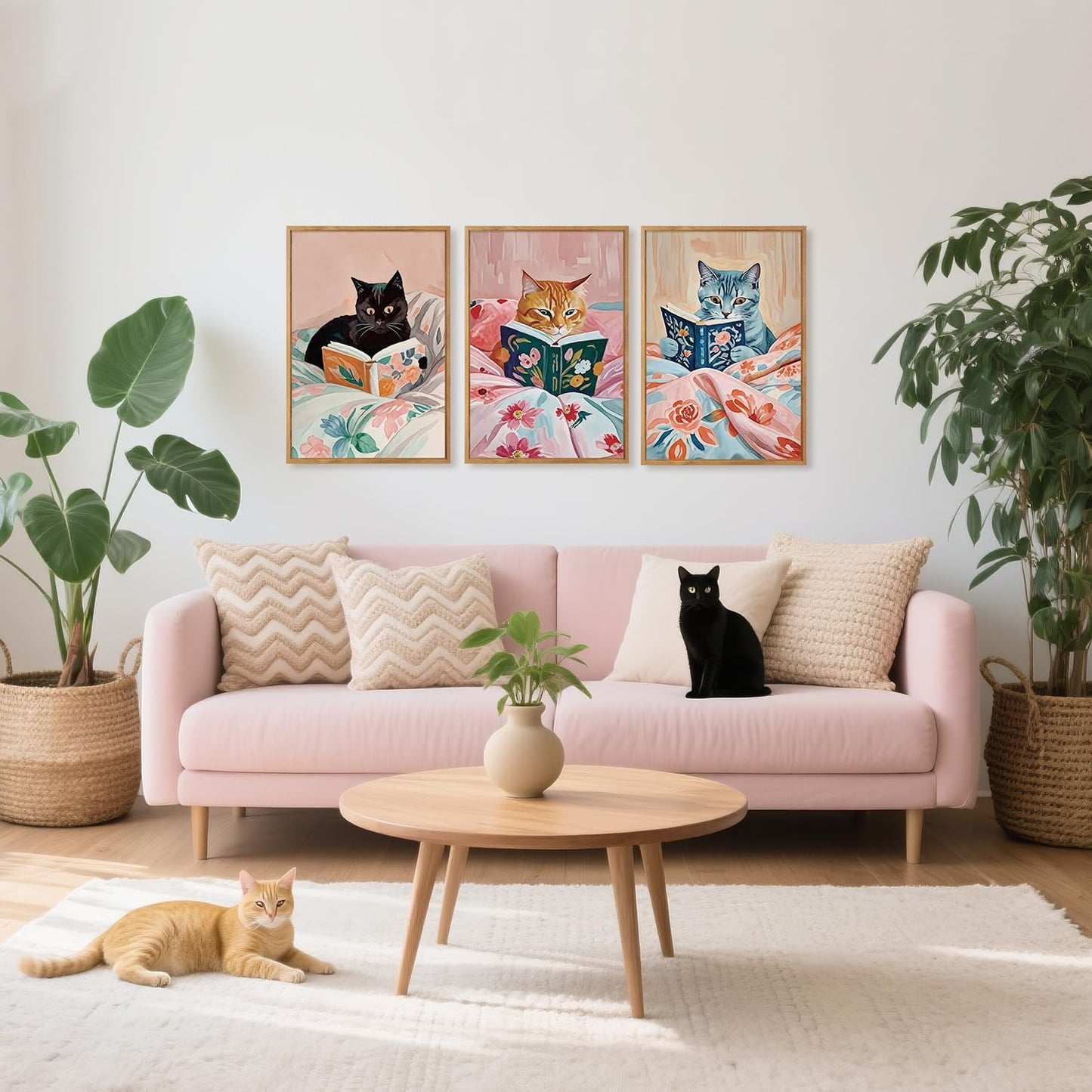 HPNIUB Framed Vintage Black Cats Canvas Wall Art, Funny Animal Reading Books Poster Printing Pictures, Pink Cute Cat Lovers Wall Decor for Girls Room Bedroom Kids Room Living Room Classroom- 24 x36 x3