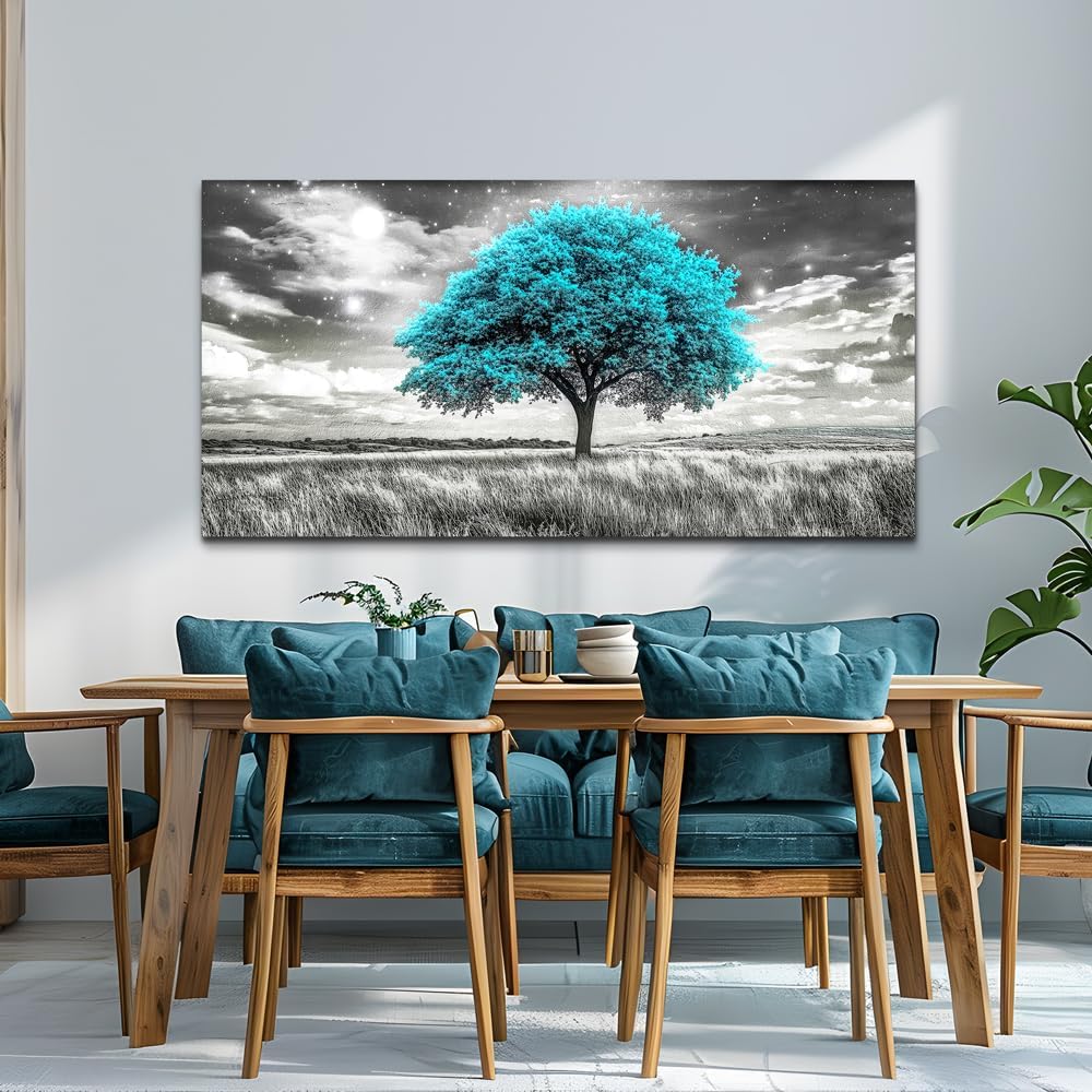 KELIYUAN Blue Tree Wall Artist Decorated Painting Full Of Stars Black And White Oil Painting Modern Print Canvas Aesthetics Living Room Decoration Bedroom Bathroom Office Wall Decoration 24 X 48 In