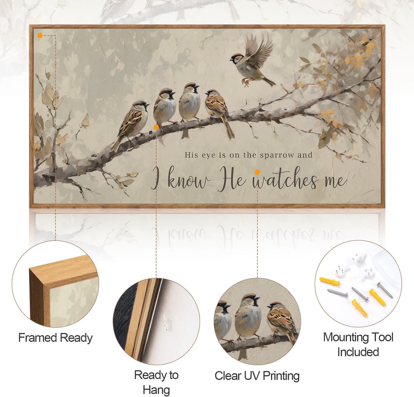 Aurlan His Eye is on the Sparrow Christian Wall Art Framed(40"x20"), Vintage Neutral Birds on Tree Branch Nature Canvas Artwork, Religious Faith Gift Bible Verse Scripture Print Decor for Home Office Bedroom