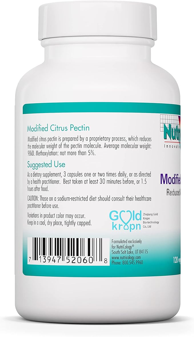 NutriCology Modified Citrus Pectin Supplement for Gut Support - Modified Citrus Pectin Capsules for Men & Women, Hypoallergenic, Gluten Free, Reduced Molecular Weight - 120 Vegetarian Capsules