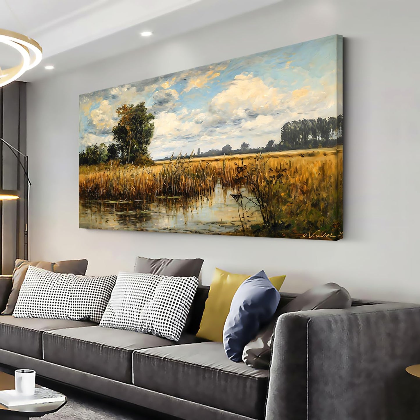 LASMOND Beautiful Wilderness Meadow Canvas Wall Art Oil Painting Reproduction Print Vintage Wildflower Field Scenery Countryside Landscape Tree Rustic Retro Decor Artwork Country Farmhouse Living Room 24x48 Inches