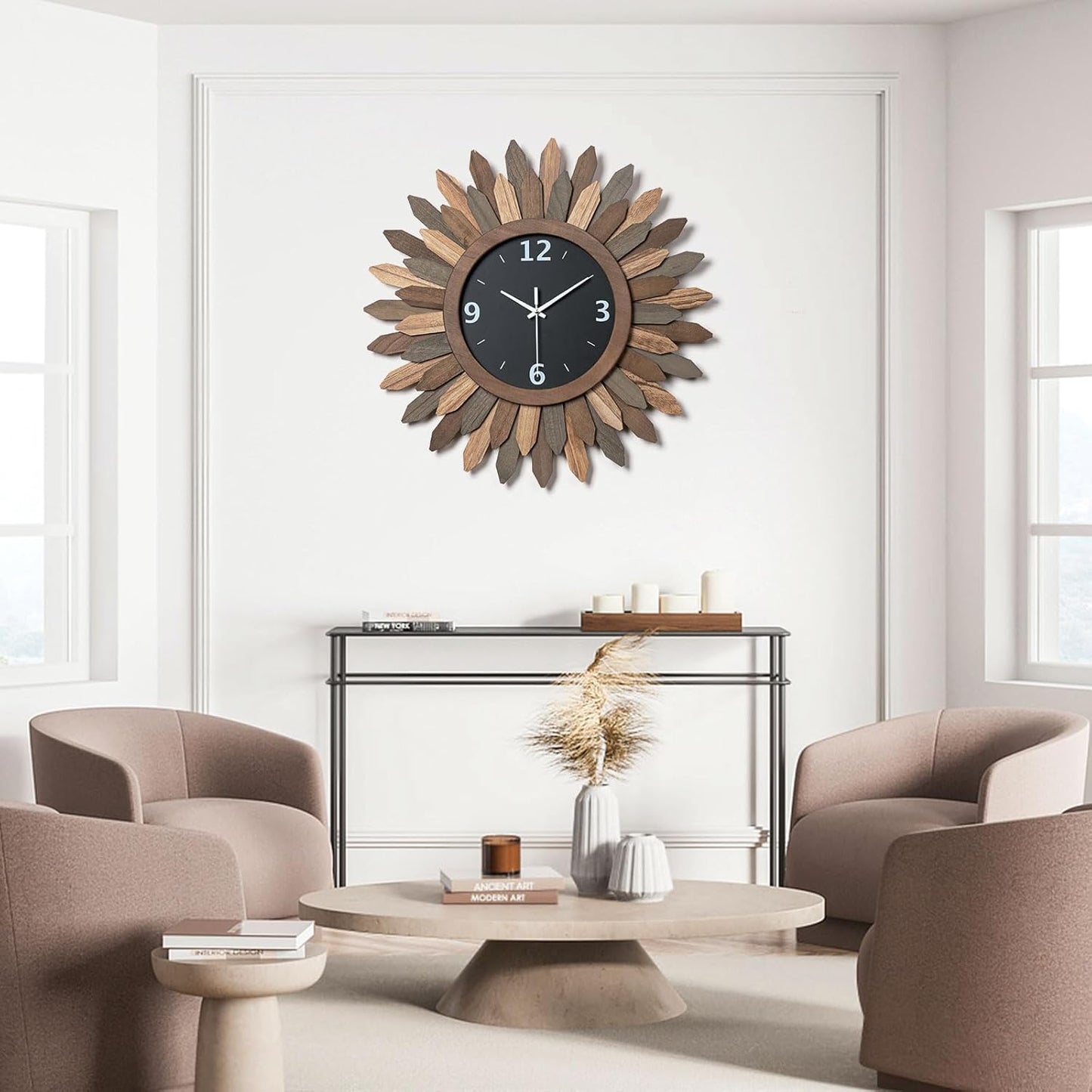 Honiway Large Wall Clock Battery Operated 21 in Rustic Wood Boho Sunburst Decorative Wall Clock Silent Non Ticking Farmhouse Wall Clocks for Living Room Bedroom Kitchen Bathroom Decor (Tricolor)