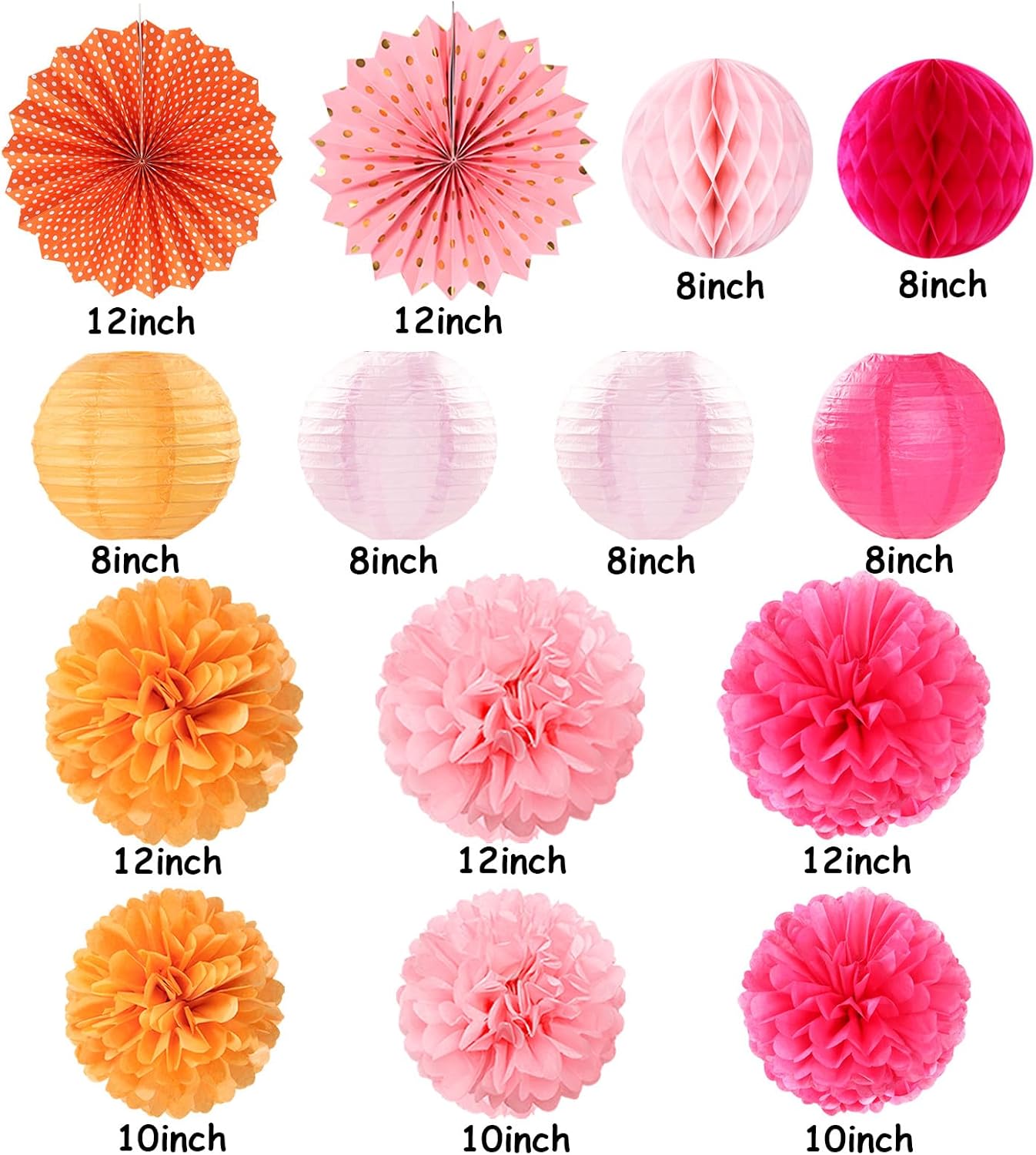 Hot-Pink Burnt-Orange Party-Decorations Streamers Lanterns - 14pcs Fall Birthday Baby Shower Paper Honeycomb Fan,Tissue Pom Poms, Autumn Thanksgiving Bridal Wedding Graduation Decor Ouruola